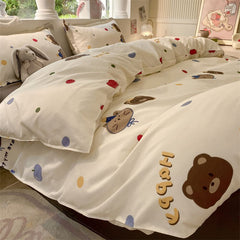 JazzHer Kawaii Bear Bedding Set No Filler Ins Single Queen Size Duvet Cover Flat Sheet Pillowcase Kids Adult Boys Home Hotel Bed Linens