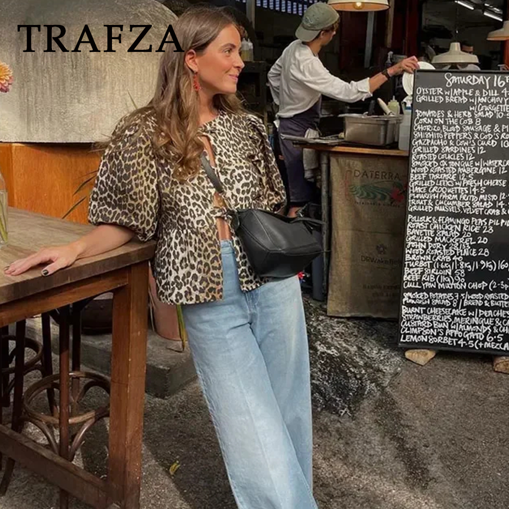 cold weather outfits JazzHer 2024 Spring Summer Casual Leopard Shirts Women Fashion Vintage Lace Up Loose Blouses O Neck Chic Elegant Female Tops