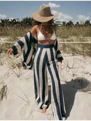 thanksgiving outfit JazzHer Casual Striped Knit Pants Sets Women Hollow Out  Turn-down Collar Blouse High Waist Trousers Set 2024 Summer Chic Lady Outfit