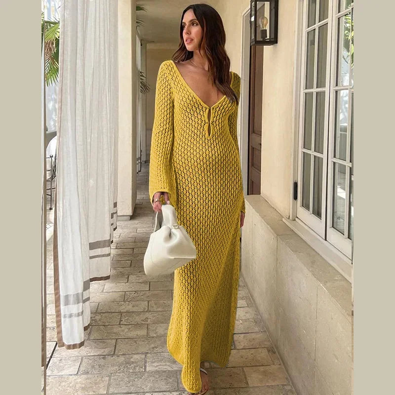 JazzHer Elegant Knit Hollow Out Long Dress For Women Slim  V Neck Backless Flare Sleeve Female Dresses 2024 Summer Lady Sexy Beachwear