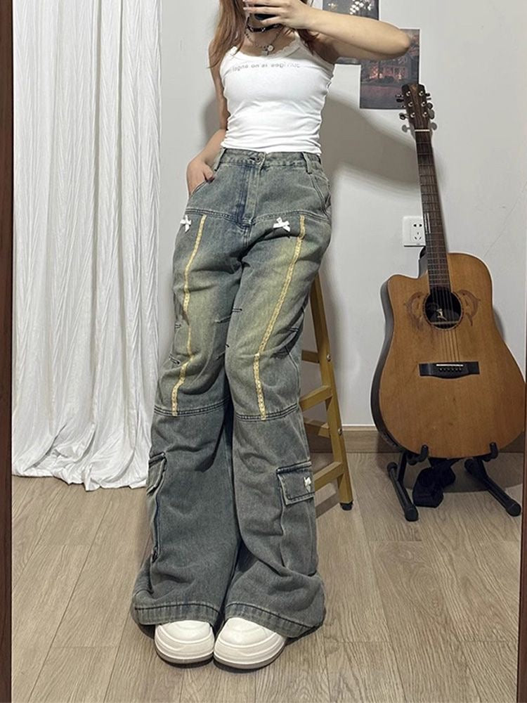 christmas outfit JazzHer Women Blue Y2k Cargo Jeans Harajuku Baggy Denim Trouser 90s Vintage Japanese 2000s Style Oversize Jean Pants Emo Trashy Clothes