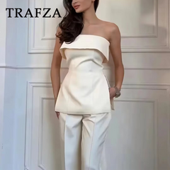 cold weather outfits JazzHer 2024 Spring Summer Women Elegant Solid Suit Fashion Casual Strapless Sleeveless Slim Short Tops+High Waist Zipper Pants