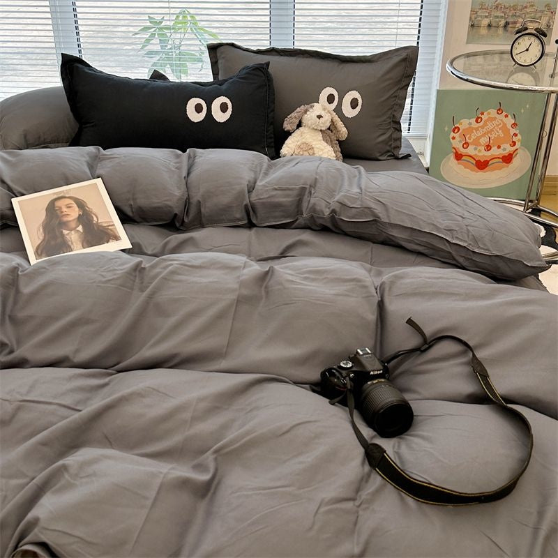 JazzHer Ins Grey Cartoon Big Eye Solid Color Bedding Set Girls Boys Double Size Flat Sheet Duvet Cover Pillowcase Bed Linen Home Textile