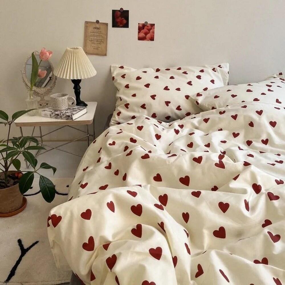 JazzHer Korean Style Bedding Set Kid Adult Twin Full Queen Size Bed Flat Sheet Love Heart Duvet Cover Set Pillowcase Bed Linen No Filler