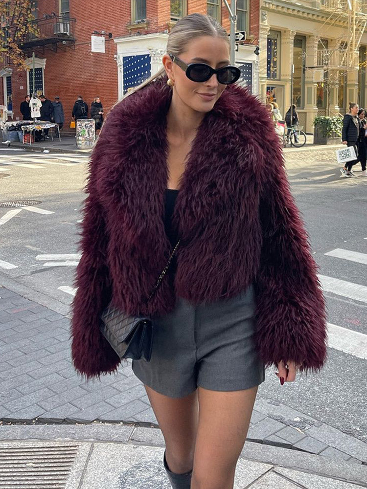 JazzHer Women's Fashion Burgundy Fluffy Furry Warm Cropped Coat Elegant Faux Fur Lapel Thicken Warm Jacket 2024 New Lady Chic Streetwear