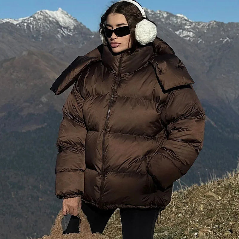 JazzHer Fashion Women's Hooded Down Jacket Loose Stand Collar Zipper Pocket Female Puffer Jackets 2024 Winter Lady Solid Street Coats