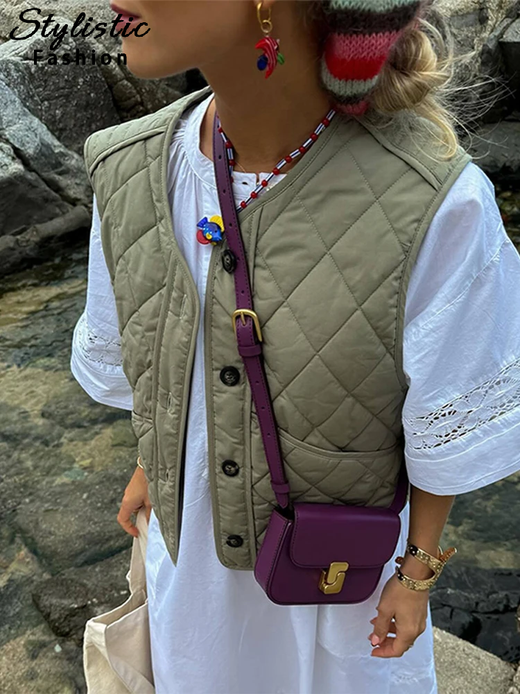 thanksgiving outfit JazzHer Casual Patchwork Plaid Vest Women Green O Neck Single Breasted Sleeveless Pockets Waistcoat 2024 Autumn All Match Vests Coat