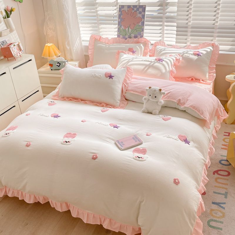 JazzHer Kawaii Princess Bedding Set with White Ruffles Korean Style Girls Single Full Duvet Cover No Filling Flat Sheet Pillowcases Kit