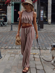 JazzHer Fashion Knit Striped Vest Pants Suit Women Slim O-neck Sleeveless Short Top High Waist Pant 2024 Summer Lady Casual 2 Piece Sets