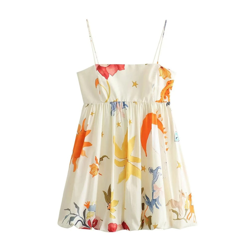 JazzHer Ladies Short Summer Dress Women Printing Loose Side Zip Sleeveless Backless Sling Chic French Evening Mini Dress Female Vestidos