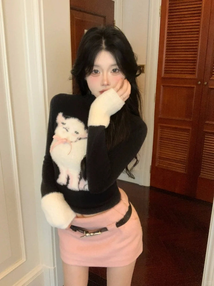 JazzHer 2025 Vintage Skirts Suits Women Casual Knitted Sweater Tops + Y2k Sexy Mini Skirt Autumn Winter Korean Style Two Piece Set Chic