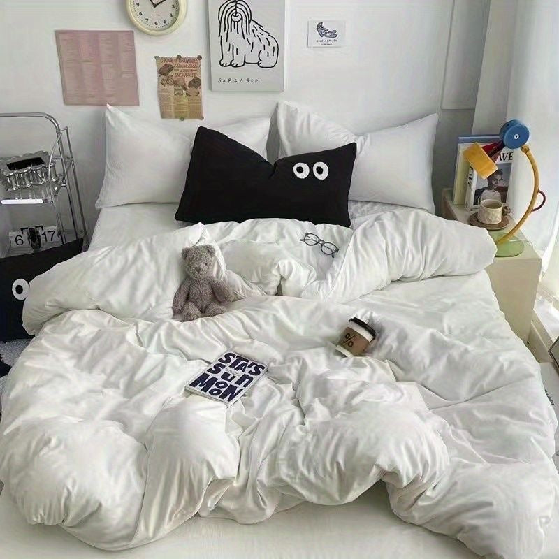 JazzHer Cute Duvet Cover Set with Sheet Pillowcase No Filler Warm Solid Color Bed Linen Full Queen Size Korean Big Eyes Home Bedding Set