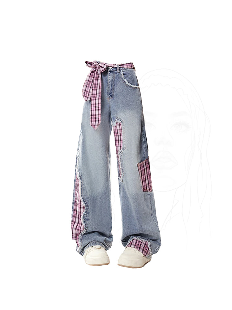 christmas outfit JazzHer Women's Blue Patchwork Plaid Jeans Harajuku Y2k Baggy Denim Trousers Vintage Japanese 2000s Style Jean Pants Trashy Clothes 2025