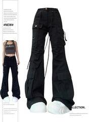 christmas outfit JazzHer Women Black Gothic Flare Jeans Harajuku Vintage Emo 2000s Y2k Baggy Denim Trousers Oversize Wide Cowboy Pants 90s Trashy Clothes