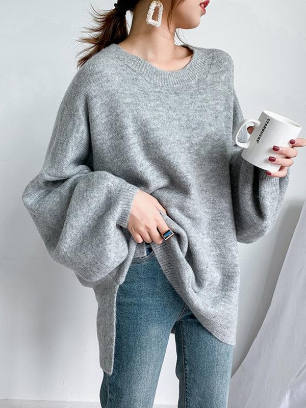 JazzHer 2024 Fall Fashion Stretch Mohair-Blend Balloon Sleeves Loose Solid Round-Neck Sweater Tops