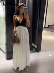 JazzHer Elegant Spliced Sling Long Dress Women Sexy Deep V Neck Backless Sleeveless Contrast Party Dresses 2024 Summer Lady Evening Robe