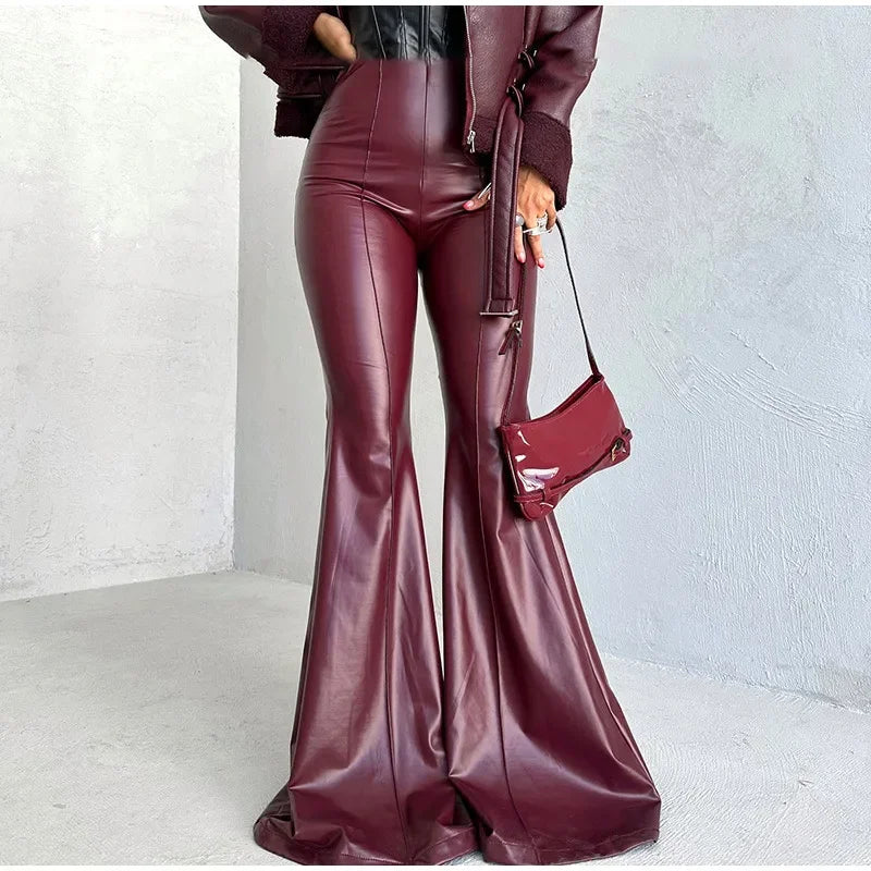 thanksgiving outfit JazzHer PU Leather Flare Leg Pants Women Elegant High Waist Elastic Slim Fit Zipper Trousers 2024 Autumn Fashion Y2k New Outwear Mujer