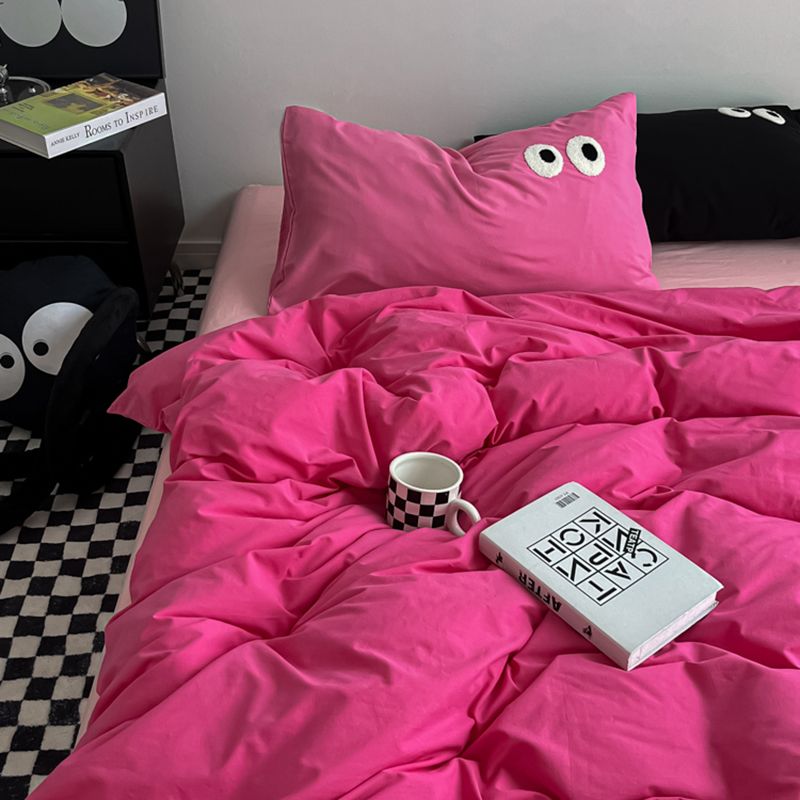 JazzHer Ins Style Nordic Bedding Set No Filling Duvet Cover Pillowcase with Cute Eye Embroidered Solid Color Single Queen Size Bed Linen