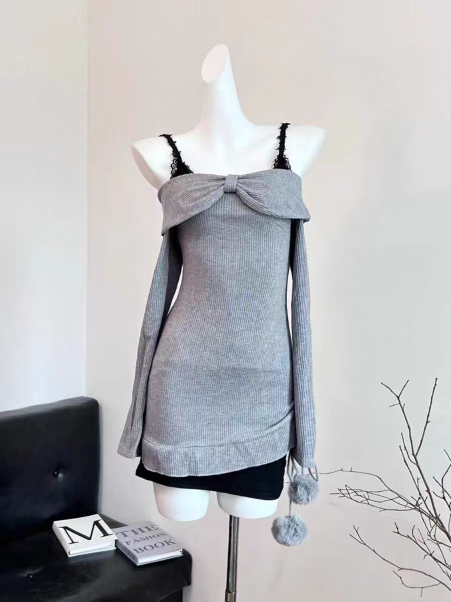 JazzHer Autumn Korean Sweet Dress Suits Women Y2k Slash Nece Sweater Tops + Sexy Slim Lace Mini Dress Female Elegant 2 Piece Sets New