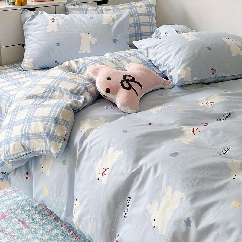 JazzHer Cute Cartoon Duvet Cover Set No Filler Ins Full Queen Size Comforter Cover Sheet Pillowcase Skin-friendly Girl Home Bedding Set