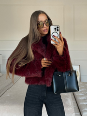 JazzHer Burgundy Red Chic Women's Fluffy Faux Fur Short Jacket Women Elegant Lapel Long Sleeve Plush Coat Female Warm Cropped Streetwear