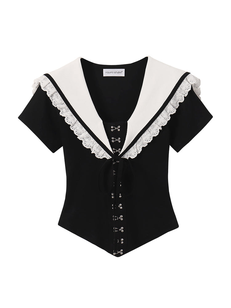 christmas outfit JazzHer Women's Black Gothic T-shirt Harajuku Korean Y2k Sailor Collar Tee Top Vintage Short Sleeve T-shirts 2000s Clothes Summer 2025