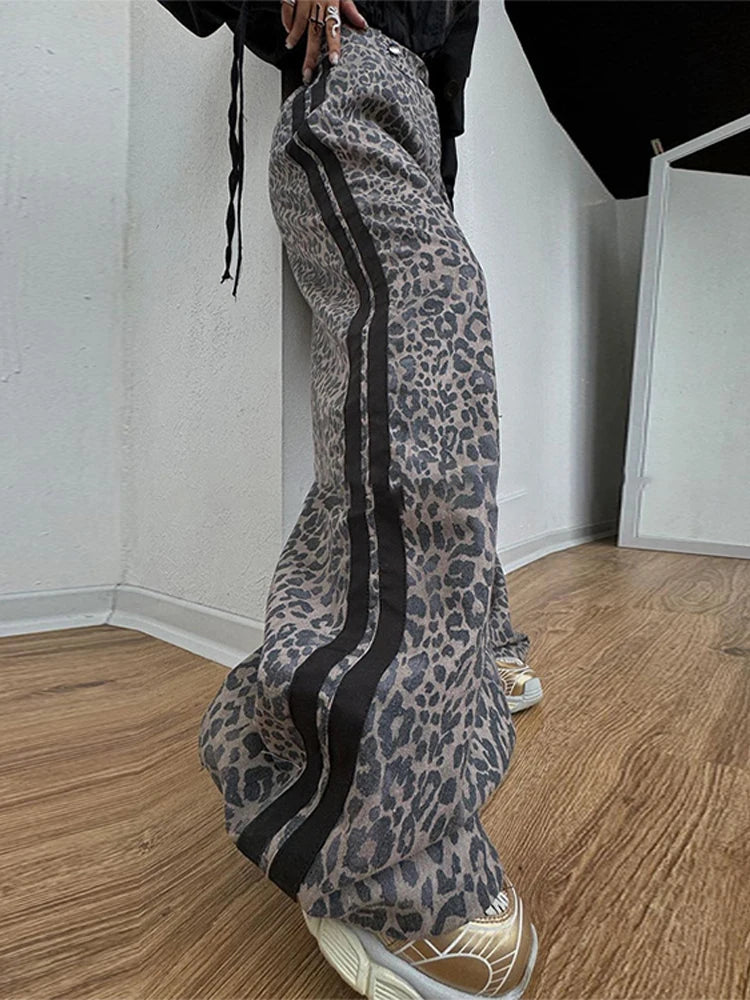 thanksgiving outfit JazzHer Casual Leopard Wide Leg Pant Women Patchwork High Waist Long Trouser Female 2024 Autumn Fashion Y2K All Match Striped Pants Lady