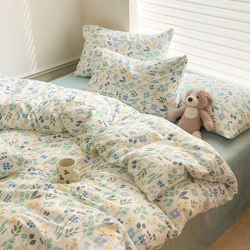 JazzHer INS Cute Little Dog Teddy Double Layer Bedding Set Lovely Cartoon Animal Brown Sheet With Pillowcases Quilt Dormitory For Kids