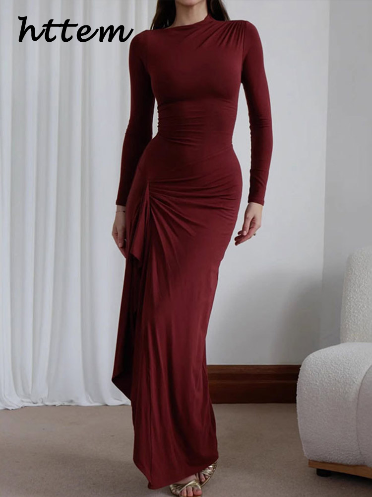 JazzHer Elegant Ruched Long Party Dress Women Bodycon O-neck Full Sleeve Package Hip Female Dresses 2024 Autumn Lady Sexy Wine Red Robes