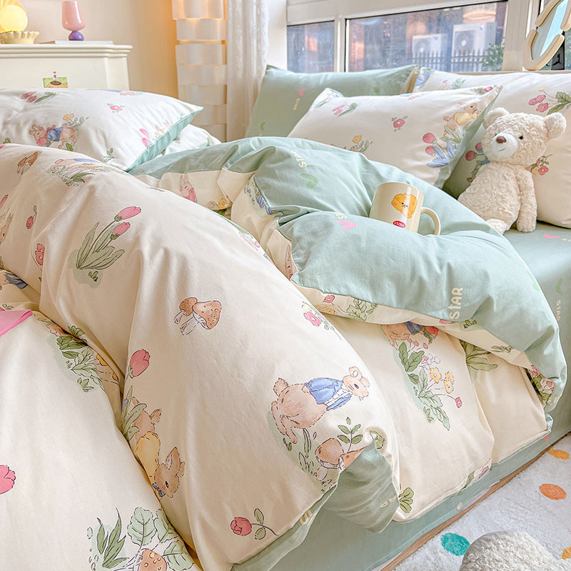 JazzHer Cotton Bedding Set Floral Rabbit Ins No Filler Duvet Cover Flat Sheet Pillowcase Full King Size Soft BedSpread Home Textile