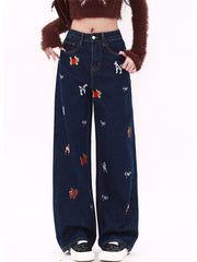 christmas outfit JazzHer Women's Dark Blue Y2k Baggy Jeans Harajuku 2000s Oversize Pattern Print Denim Trousers Vintage Jean Pants Trashy Clothes 2025