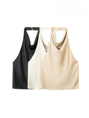 JazzHer Women Fashion Satin Flowing Halterneck Tank Tops Sexy Backless With Button Female Camis Mujer