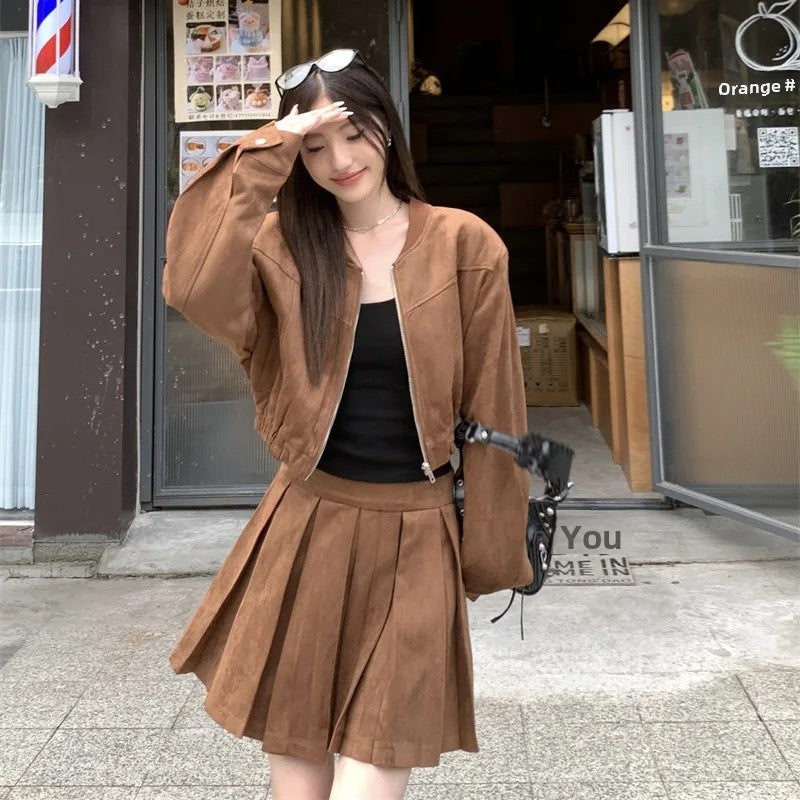 cold weather outfits JazzHer 2024 Autumn New Sensibility Maillard Brown Vintage Leather Jacket With Pleated Skirt Set Women Fashion Dress Set