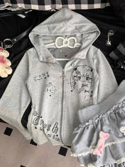 JazzHer Autumn Y2k Kawaii Cat Ear Zip Up Hoodies Women Japanese Sweet Anime Harajuku Zipper Sweatshirt Casual Cute Long Sleeve Jacket