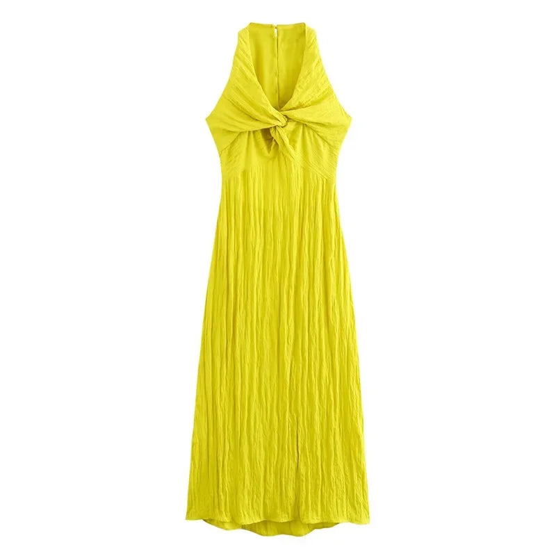 JazzHer Sexy Backless Pleated Long Dress Women V-neck Hollow Out Sleeveless Split Button Dresses Female 2024 Summer Lady Fashion Robes