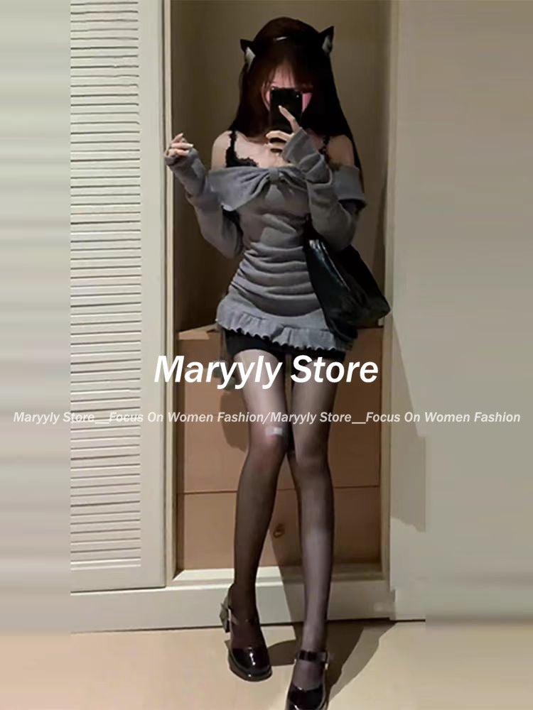 JazzHer Autumn Korean Sweet Dress Suits Women Y2k Slash Nece Sweater Tops + Sexy Slim Lace Mini Dress Female Elegant 2 Piece Sets New