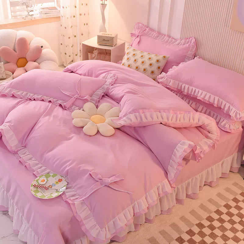 JazzHer Green Bedding Sets Kawaii Seersucker Bed Sheet Pillowcase Fashion Girl Princess Duvet Cover 4 Pieces Cute Home Decoration