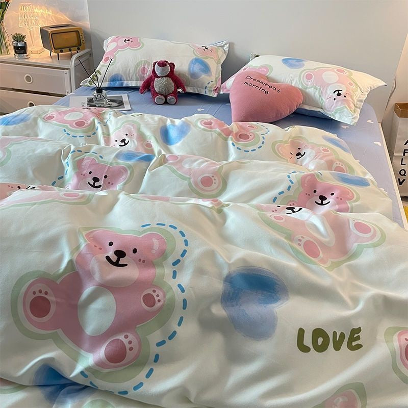 JazzHer Pastoral Style Little Bear Bedding Set Adult Queen Twin Full Size Quilt Cover Bed Flat Sheet Kids Cute Duvet Cover No Filler