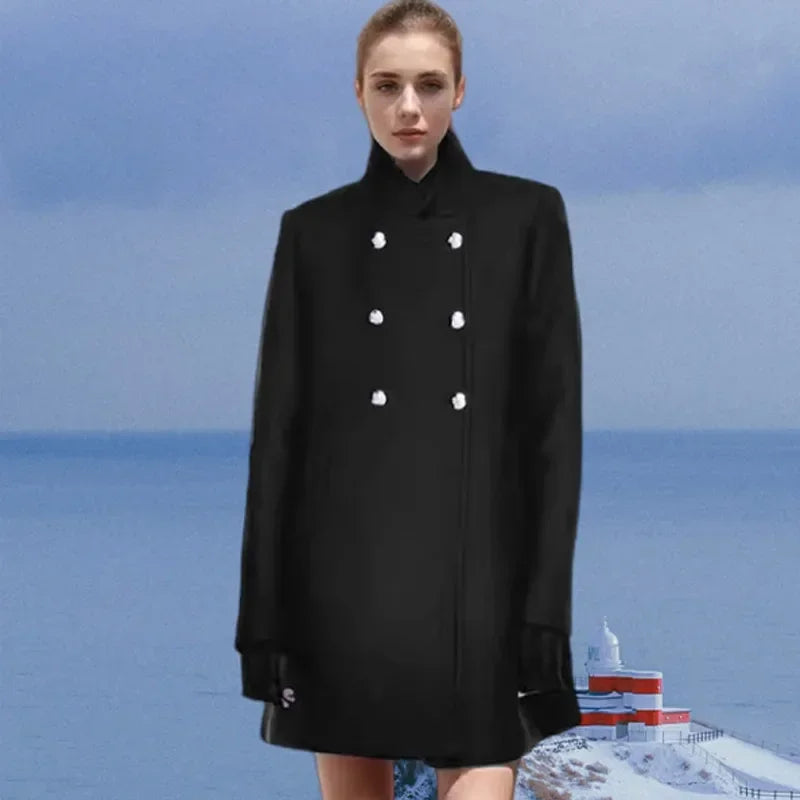 JazzHer Elegant Women's Woolen Pea Coats Loose Stand Collar Double Breasted Full Sleeve Female Jacket 2024 Autumn Winter Lady Overcoat