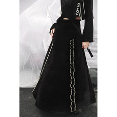 Jazzher Asymmetric Embroidery Corduroy Long Skirt