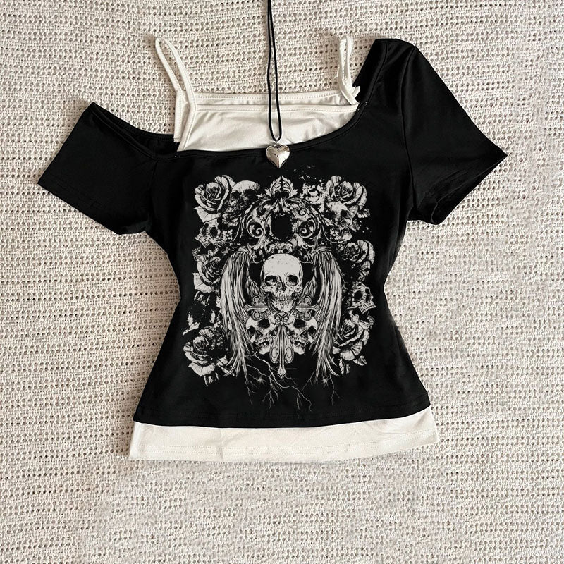 JazzHer Retro gothic Fake Two-piece  Printed T-shirt Women summer Y2K Streetwear Hot Girl Slim Off Shoulder Millennium Harajuku Casual