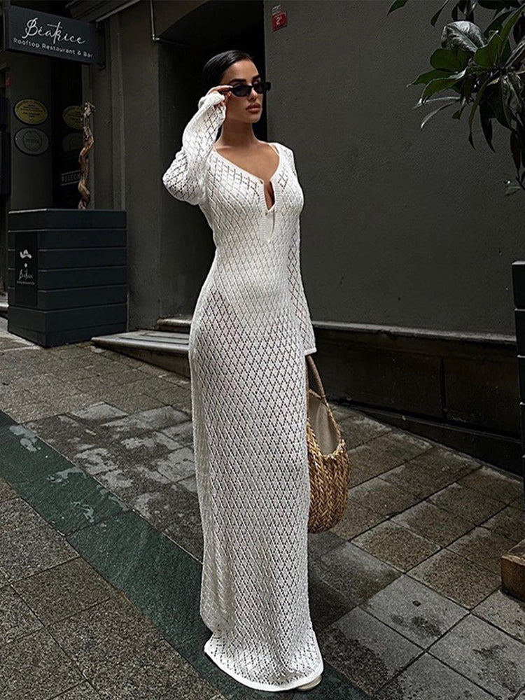 JazzHer Elegant Knit Hollow Out Long Dress For Women Slim  V Neck Backless Flare Sleeve Female Dresses 2024 Summer Lady Sexy Beachwear