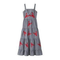 JazzHer Embroidery Plaid Long Dresses Women Sleeveless Slip Midi Dress Woman Pleated Backless Beach Dress Vintage Summer Dress