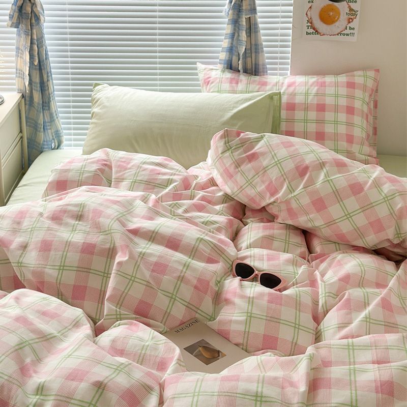JazzHer Green Grid Duvet Cover Set Ins Soft Bed Sheet Pillowcases No Filler Twin Queen Size 2024 New Spring Adult Kids Bedding Linens