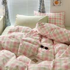 JazzHer Green Grid Duvet Cover Set Ins Soft Bed Sheet Pillowcases No Filler Twin Queen Size 2024 New Spring Adult Kids Bedding Linens