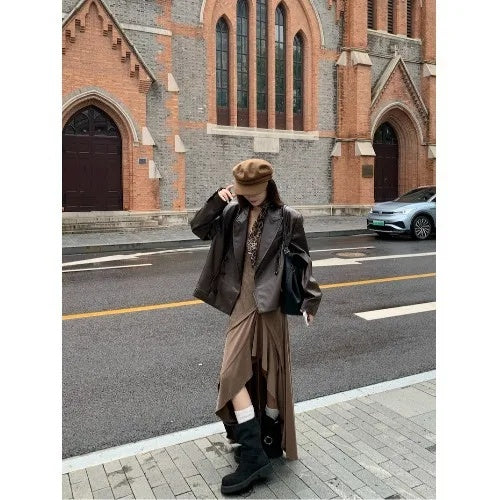 cold weather outfits JazzHer Elegant Vintage Suit Women's Early Autumn Long Sleeve Leather Jacket 2-Piece Set Irregular Drawstring Dress From China Mainland