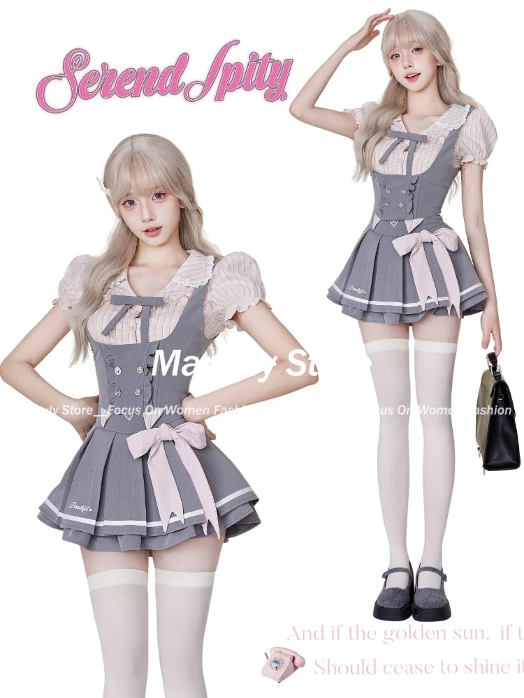 JazzHer 2025 Japanese Sweet Preppy Style Skirt Suit Women Kawaii Slim Striped Blouse + Casual Vest + Cute Bow Mini Skirt 3 Piece Set New