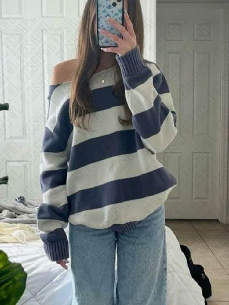 JazzHer Casual all-match vintage sweater Harajuku hip-hop streetwear autumn and winter chic striped sweater cute sweetheart emo girl top