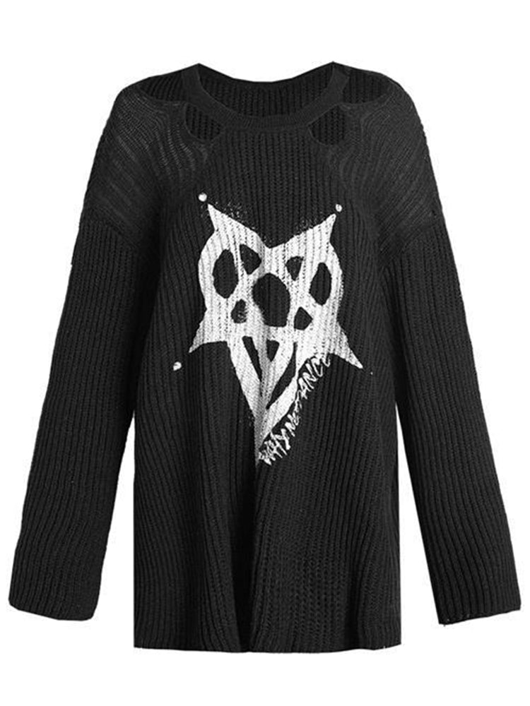 JazzHer Harajuku Streetwear Knitted Sweater Women Cyber Punk Y2k Pentagram Printed Long Sleeve Hollow Out Loose Casual Pullover