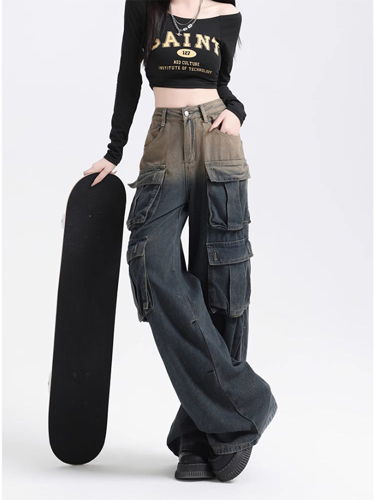 christmas outfit JazzHer Women's Y2k Cargo Jeans Harajuku Japanese 2000s Style Baggy Aesthetic Gradient Denim Trousers Vintage Jean Pants Trashy Clothes